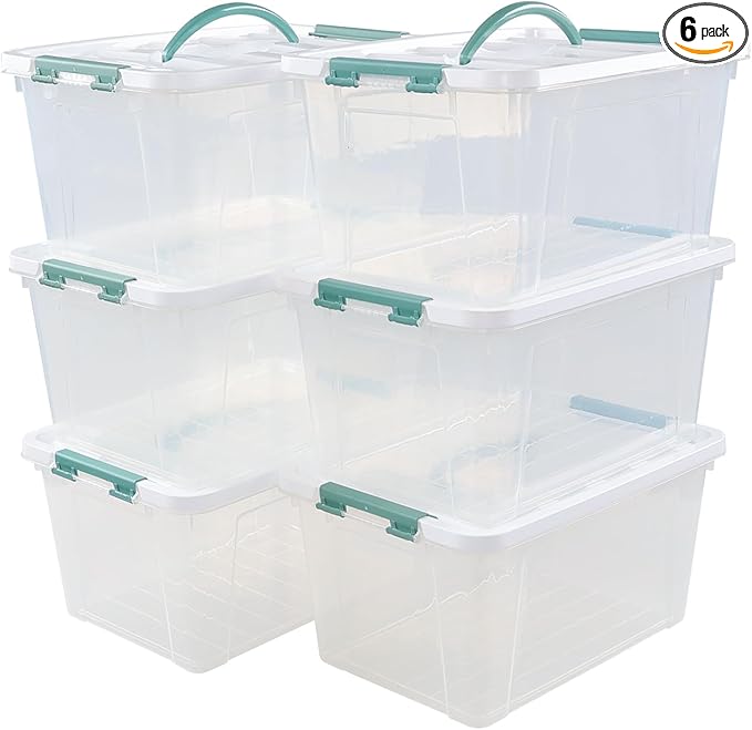 14 Quarts Plastic Latch Box with Handles, Clear Storage Bin Totes Set of 6