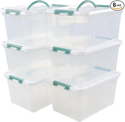 14 Quarts Plastic Latch Box with Handles, Clear Storage Bin Totes Set of 6