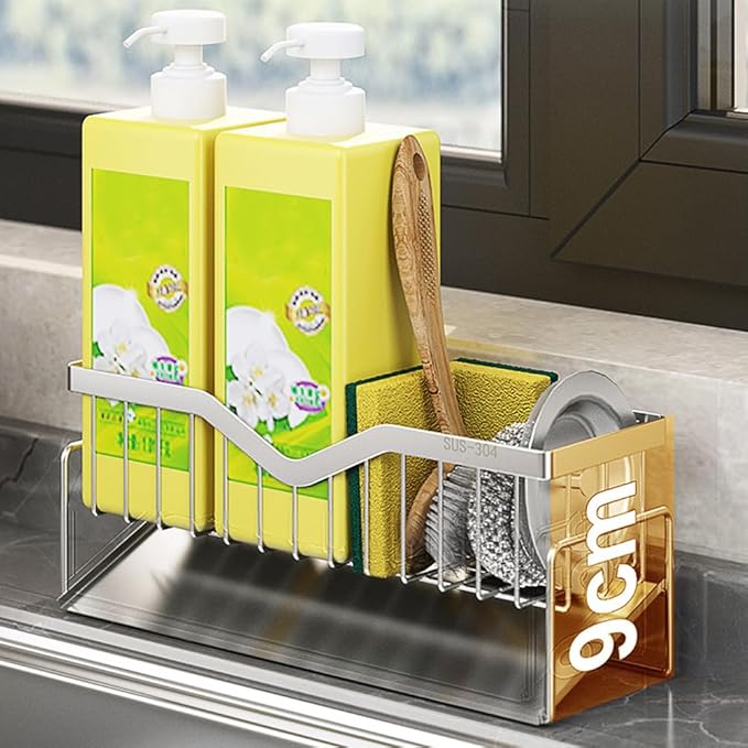 Sponge Holder for Kitchen Sink, Quick Draining, SUS 304 Stainless Steel Sponge Organizer, Basket for Cleaning and Scrub Tool, Kitchen Sink Brush Caddy Holder,Large Size and Capacity