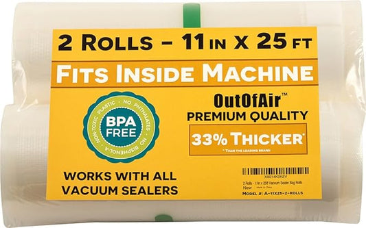 11" x 25' Rolls (Fits Inside Machine) - 2 Pack (50 feet total) OutOfAir Vacuum Sealer Rolls. Works with FoodSaver Vacuum Sealers. 33% Thicker, BPA Free, Sous Vide, Commercial Grade