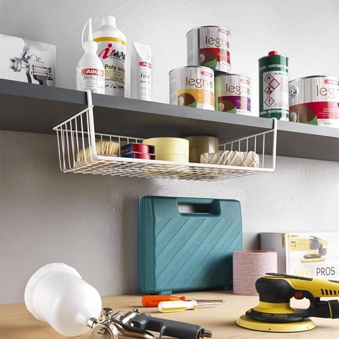 Modern Home Under Shelf Wire Storage Baskets – Hanging Organizer Rack for Cabinet, Pantry, or Closet – White Metal Basket for Kitchen, Towels, or Office – No Tools Required (18.9")