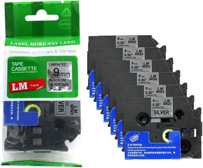 6/Pack LM Tapes - LMe-921 Premium 3/8" Black Print on Silver Label Compatible with Brother TZe921 Tape and Includes Tape Color/Size Guide. Replaces TZ-921 9mm 0.35 Laminated.
