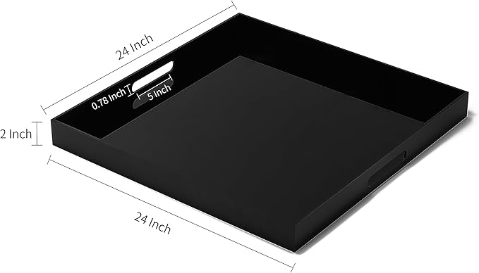 BEYLANG Glossy Black Sturdy Acrylic Serving Tray with Handles-24x24Inch-Serving Coffee,Appetizer,Breakfast,Butler-Kitchen Countertop Tray-Makeup Drawer Organizer-Vanity Table,Ottoman Tray-Decorative