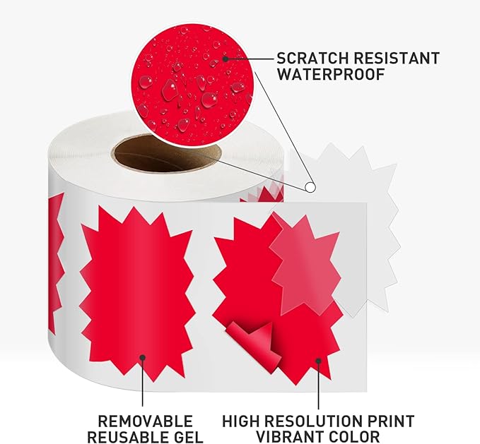 Price Tags Stickers Red 4 x 3 Inches Self-Adhesive Large Sale Sticker Starburst Signs Removable Waterproof Labels for Retail Store Market Business 500 PCS