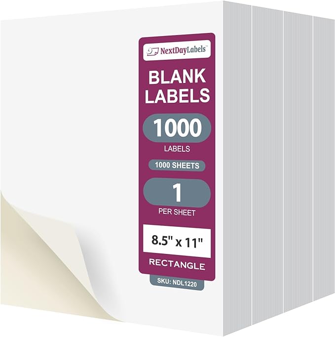 NextDayLabels 8.5x11 Full Sheet Stickers White Blank Labels for Laser Inkjet Printer - 1 Per Page Self-Adhesive Shipping Product Packaging Made in USA - 1000 Labels
