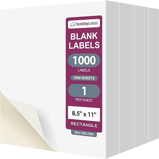 NextDayLabels 8.5x11 Full Sheet Stickers White Blank Labels for Laser Inkjet Printer - 1 Per Page Self-Adhesive Shipping Product Packaging Made in USA - 1000 Labels