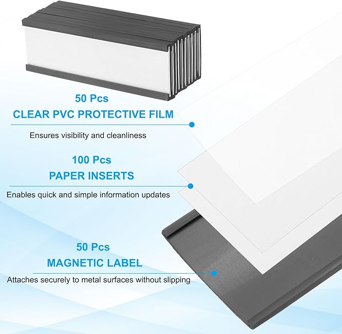 PATIKIL Magnetic Label Holder 3" x 1" with Paper Inserts, 50 Pcs C Channel Magnetic File Cabinet Labels Shelf Data Card Holder Signs for Metal Racks Shelves Whiteboard Tool Box