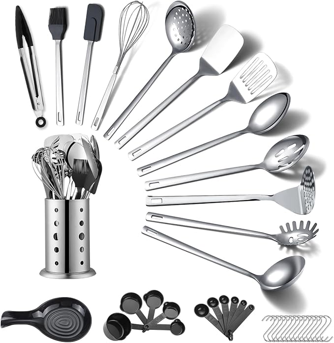 ReaNea Stainless Steel Kitchen Utensils Set 40 Pieces, Cooking Utensil Set with Utensils Holder, Kitchen Gadgets Kitchen Essentials New Home, House, Appartment Must Have, Metal Spatula Set