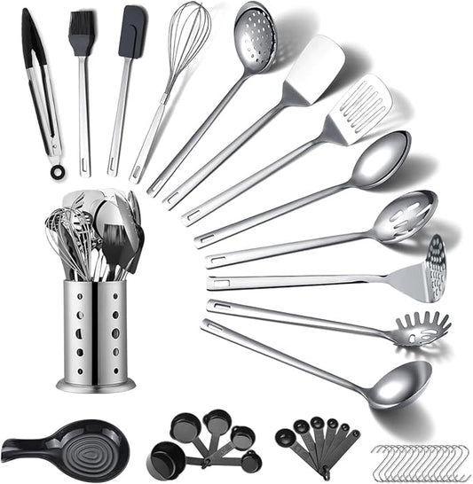 ReaNea Stainless Steel Kitchen Utensils Set 40 Pieces, Cooking Utensil Set with Utensils Holder, Kitchen Gadgets Kitchen Essentials New Home, House, Appartment Must Have, Metal Spatula Set
