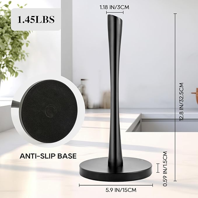 JOGREFUL Paper Towel Holder Stand, Stainless Steel Kitchen Paper Towel Countertop Stand with Streamline Body, Bathroom Organization for Family Standard Large Size Roll Paper, Black