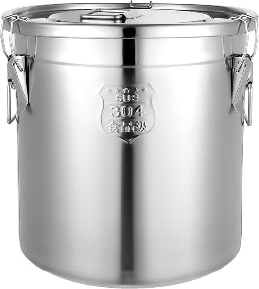 Stainless Steel Airtight Canister for Kitchen, 33L/8.7Gal Metal Food Storage Container Flour Bucket with Lid & Clamps, Bean Rice Cereal Canister Holder for Kitchen Restaurant, D15*H14.2in