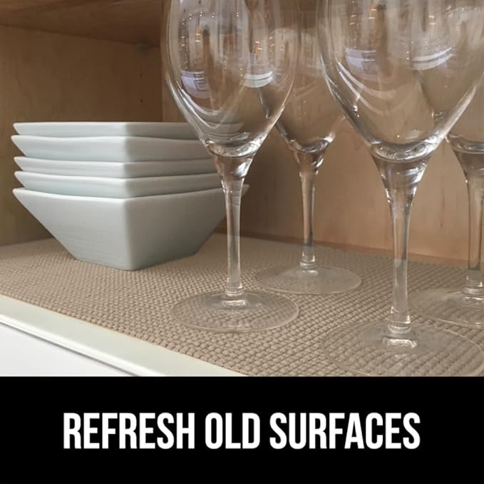 GORILLA GRIP powerGRIP Drawer Shelf and Cabinet Liner, Thick Strong Hold, Non-Adhesive Liners Protect Kitchen Cabinets and Cupboard, Bathroom Drawers, Easy Install, Breathable Mat, 17.5" x20', Beige