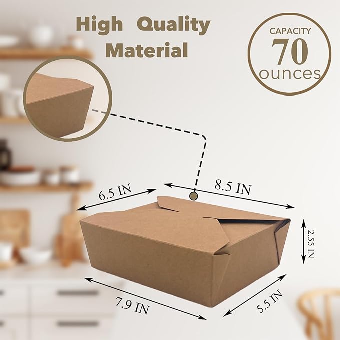 70Oz 50Pcs Disposable Take Out Food Containers, Brown Food Boxes To Go Kraft Paper Takeout Box Microwaveble and Refrigerator Safe(70OZ-50PACK)