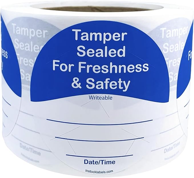 InStockLabels 500 Blue/White Circle Tamper-Evident Food Seal Stickers with Date and Time Section, Labels for Food Containers (3 Inches)
