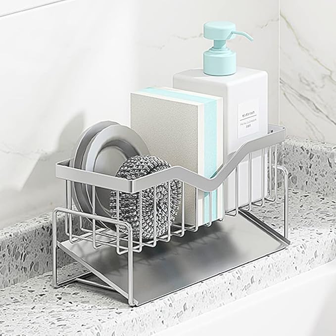 Kitchen Sink Caddy Sponge Holder , 304 Stainless Steel Kitchen Soap Dispenser Caddy Organizer - Quick Draining, Stainless Steel Tray - Holds Sponge, Dish Soap Dispenser, Cleaning Towel, Scrubber