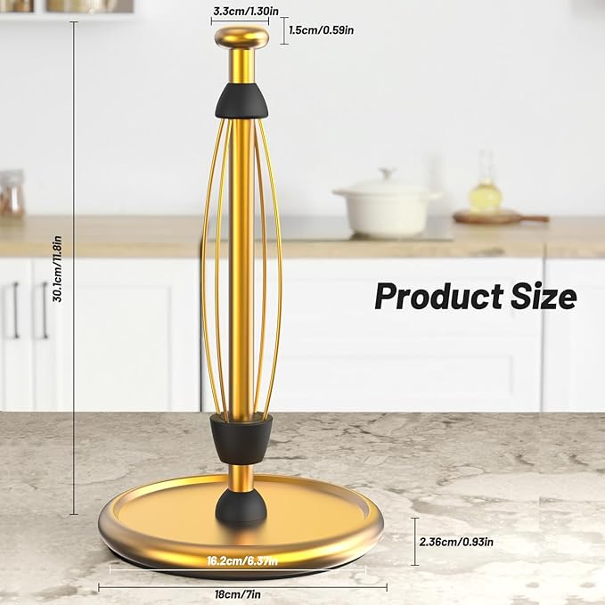 VEHHE Gold Paper Towel Holder Countertop with Weighted Base, One-Handed Tear Kitchen Towel Holder with Damping Function and EVA Non-Slip Pad for Bathroom