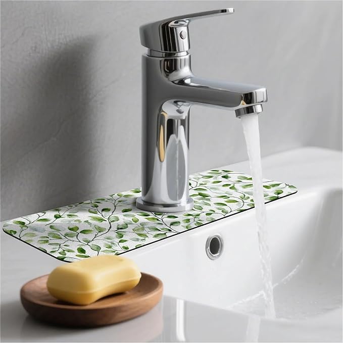 Kitchen Sink Splash Guard，watercolor greenery Faucet Mat Sink Gadgets-Super Absorbent Fast Drying Mat Drip Catcher for Kitchen, Bathroom,Sink Mat, Dish Drying Mat, Bathroom(15" X 5.5" )