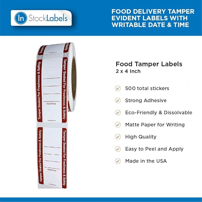 500 White Tamper Evident Food Seal Stickers with Date and Time, Labels for Food Containers, 2 x 4 Inches, Writable Tamper Proof Stickers, Tamper Evident Tape - Ideal for Secure Food Delivery