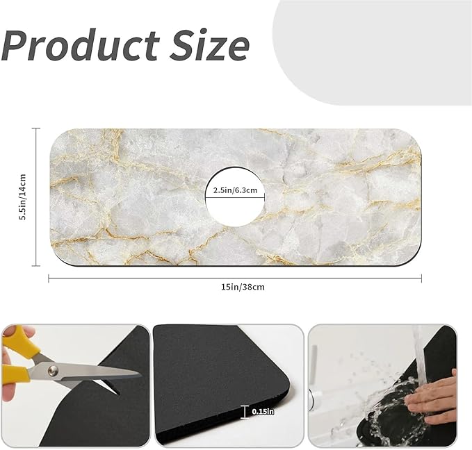 Kitchen Sink Splash Guard，white golden Marble Faucet Mat Sink Gadgets-Super Absorbent Fast Drying Mat Drip Catcher for Kitchen, Bathroom,Sink Mat, Dish Drying Mat, Bathroom(15" X 5.5" )