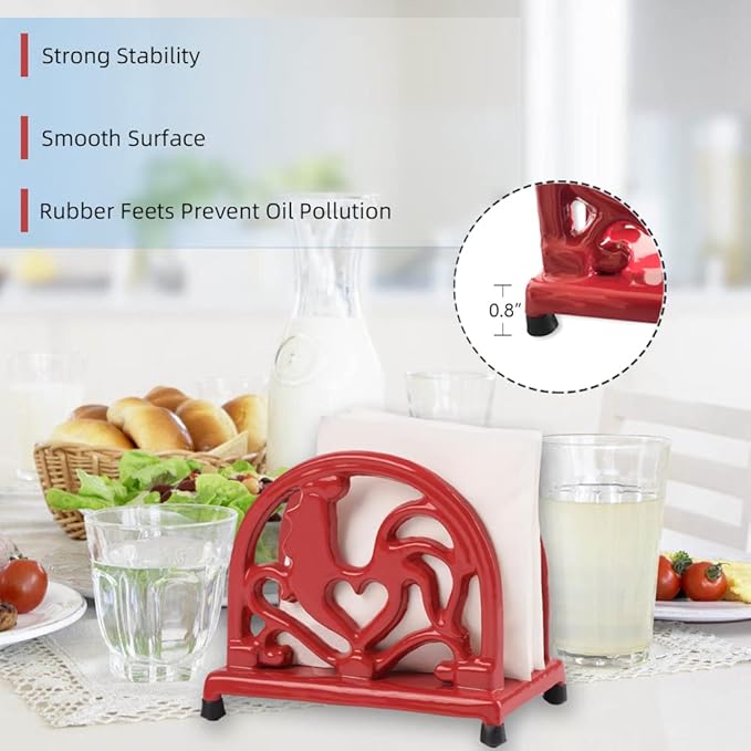 MINLUFUL Vintage Metal Napkin Holder, Heavy Cast Iron Napkin Holder Organizer for Kitchen Restaurant Home Décor, Red