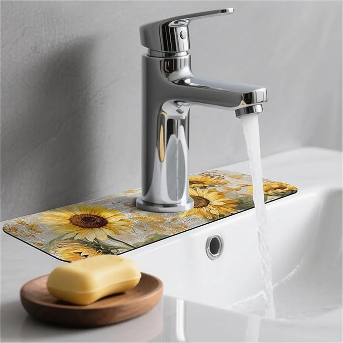 Kitchen Sink Splash Guard，cute sunflowers Faucet Mat Sink Gadgets-Super Absorbent Fast Drying Mat Drip Catcher for Kitchen, Bathroom,Sink Mat, Dish Drying Mat, Bathroom(15" X 5.5" )