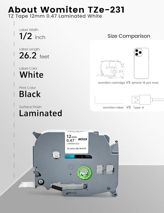 12mm 0.47 Laminated White Tape Replace for Brother P Touch TZe Tz TZe-231 TZ-231 TZc-231 1/2 inch Refills for Ptouch Label Maker PT-D610bt PT-P710BT PTP300BT D460BT D210 D220 H110, 26.2, 6PK