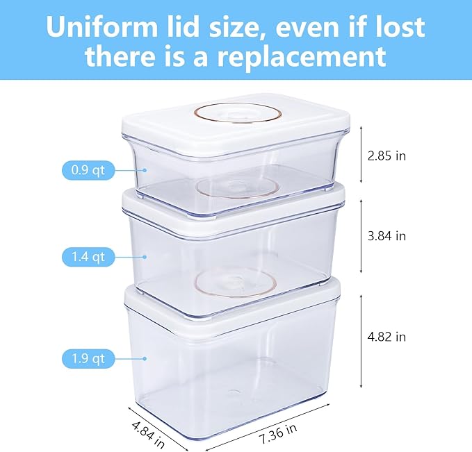 Vacuum Seal Containers, 3Pcs Reusable Food Storage Containers with Lids for Meal Prep and Freezer,BPA-Free，Microwave Safe，Leak-proof,Airtight (Vacuum Sealer Not Included)