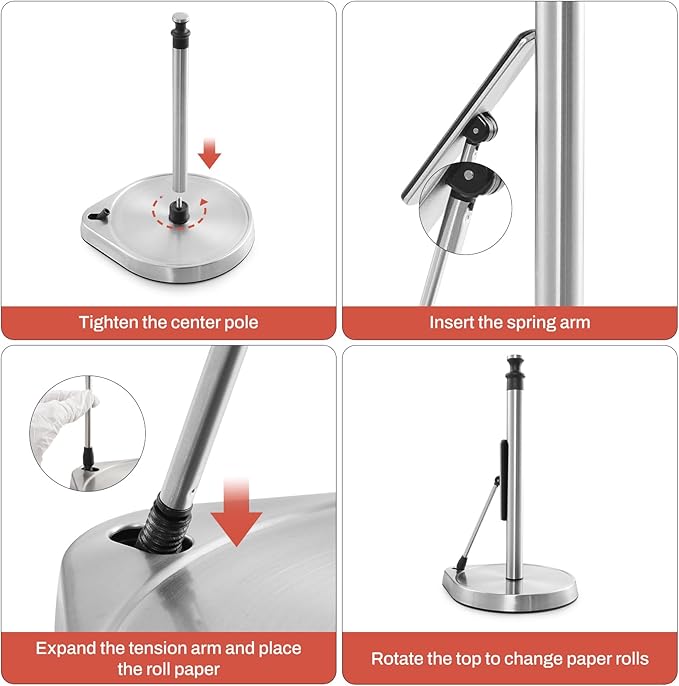 Dailyart Paper Towel Holder for One Hand Tear - Countertop with Tension Arm & Non Slip Weighted Base, Stainless Steel Paper Towel Holder Stand for Kitchen Bathroom, Black