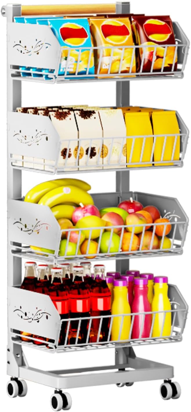 Heavy 4-Tier Snack Cart with Wheels ，Removable Rolling Pantry Floor Organizers ，Upgraded Wider and Thicker, Kitchen Fruit Basket Stand and Storage Rack for Fruit Snack Onion Potato