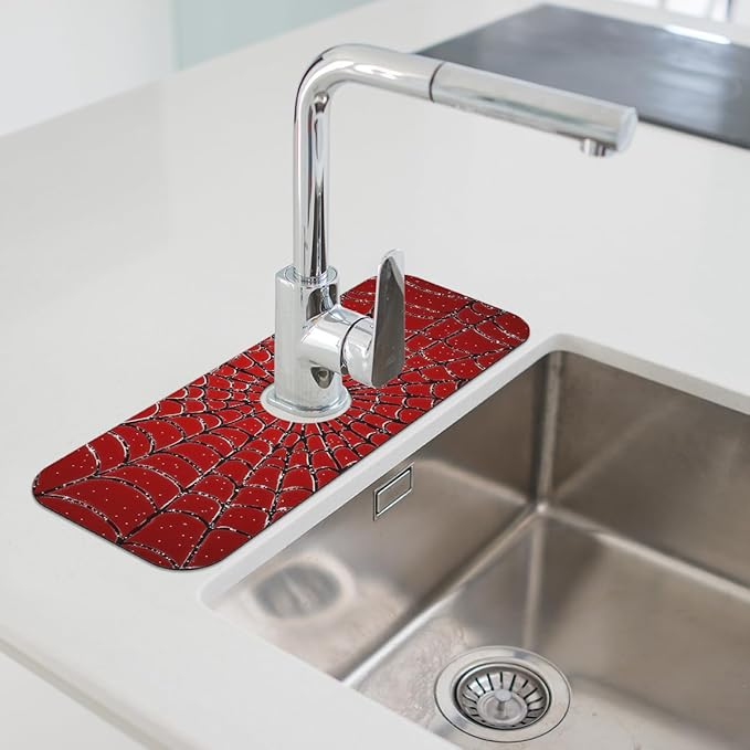 1 PC 15.4*5.7 Inch Absorbent Faucet Mat for Kitchen Sink Splash Guard Fast Drying Kitchen Faucet Mat for Bathroom Kitchen Spider Web