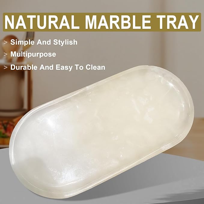 SWRONP Marble Tray for Kitchen Counter & Bathroom Countertop,Stone Vanity Tray for Dresser Decor,Small Storage Tray for Perfumes, Jewelry,Candles,Durable & Waterproof(White)