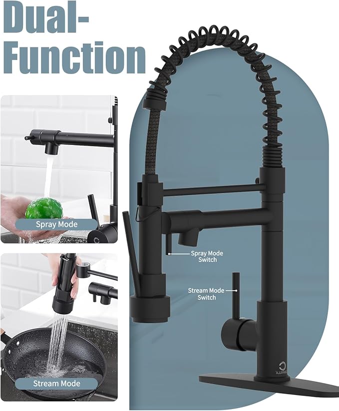 Kitchen Faucet with Soap Dispenser, Single Handle Spring Kitchen Sink Faucets with Pull Down Sprayer and Deck Plate,Black Faucet for Camper Farmhouse RV Kitchen Sink,Dual Function Spray Head