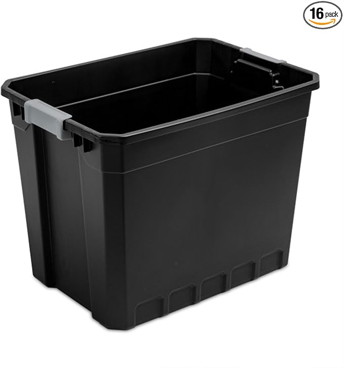 Sterilite 16-Pack Plastic Storage Bins with Lids, Stackable Containers, 27 Gallon, Black