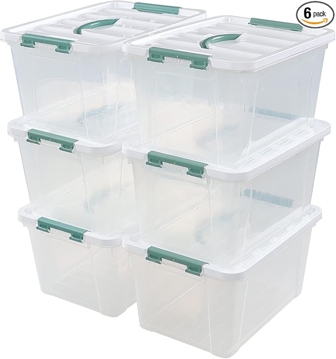 6-pack 14 Quarts Latching Storage Boxes, Clear Plastic Bins with Lids and Handles