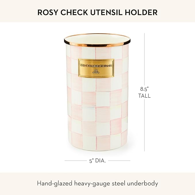 MACKENZIE-CHILDS Enamel Utensil Holder, Kitchen Utensil Holder for Countertop, Storage Caddy, Pink-and-White Rosy Check