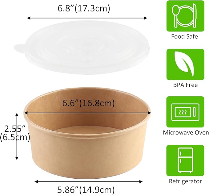 Belinlen 36oz 50 Sets Large Kraft Paper Bowls with Lids, Disposable Bowls with Lids, Paper Salad Bowls, Paper Food Container with Lid Perfect for Hot/Cold Food, Soup, Salad, Ice Cream