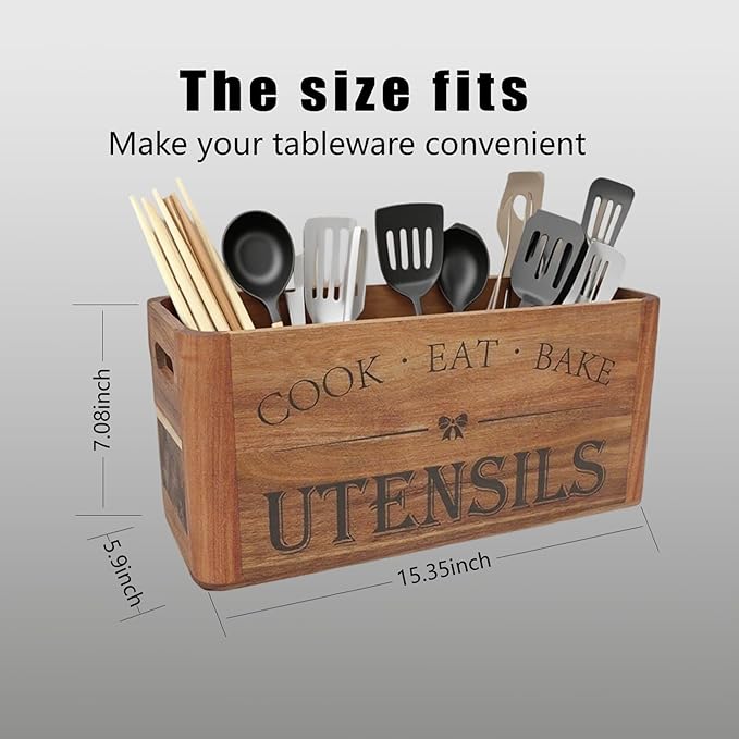 RMCOKGX Utensil Holder for Kitchen Countertop - Extra Large 4 Compartment Wooden Organizer in Acacia Wood, Storage for Cooking Tools and Cutlery, Farmhouse Style for Home Cooking
