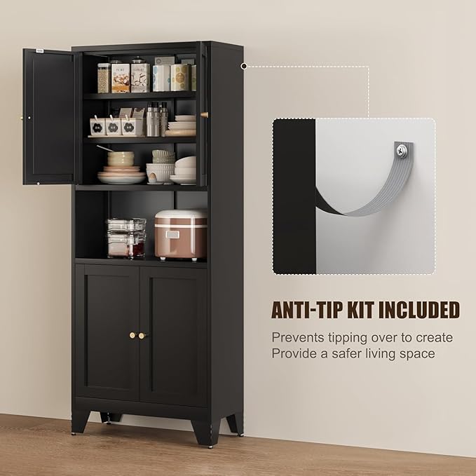 YAUWOH Metal Pantry Storage Cabinet, 69" Tall Storoge Cabinet with 4 Doors & 3 Adjustable Shelves, Microwave Stand with Storage for Kitchen, Dining Room, Living Room (1PC,Black)