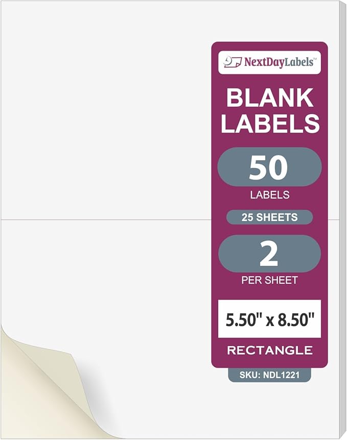 NextDayLabels 8.5x5.5 Half Sheet Stickers White Blank Labels for Laser Inkjet Printer - 2 Per Page Self-Adhesive Shipping Packaging Product Made in USA - 50 Labels