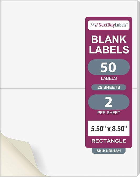 NextDayLabels 8.5x5.5 Half Sheet Stickers White Blank Labels for Laser Inkjet Printer - 2 Per Page Self-Adhesive Shipping Packaging Product Made in USA - 50 Labels