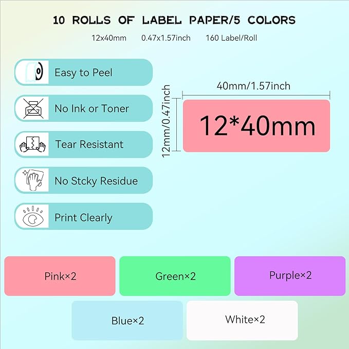 EEBBL D30 P15 HP4 Label Maker Tape Refill 12mm×40mm(0.47"x1.57") Sticker, 1650 Labels/10Rolls, Major Brand Compatible Replacement, for Home Business School Hotel, Compatible with Popular Models