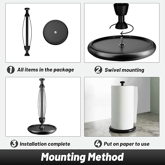 VEHHE Paper Towel Holder Countertop with Weighted Base, One-Handed Tear Paper Towel Holder with Damping Function and EVA Non-Slip Pad for Bathroom and Kitchen (Black)