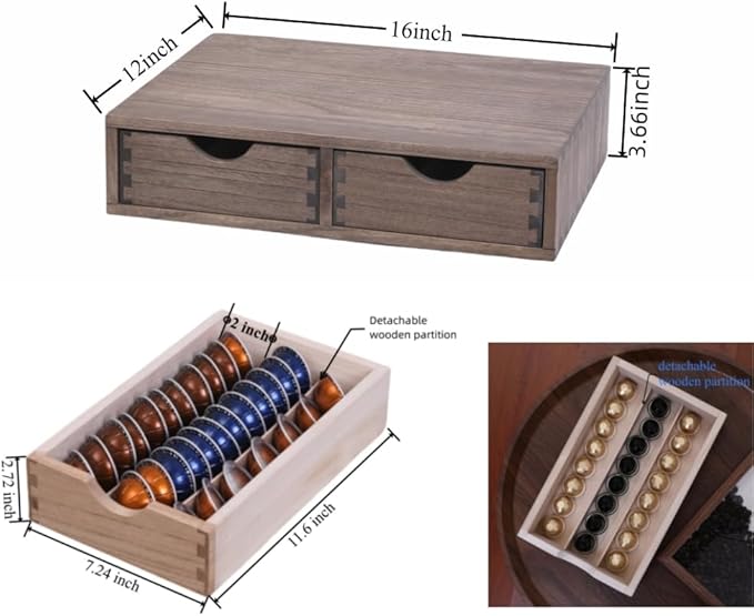 DDYURI Coffee Pods Storage Drawer Holder for Capsules - Multi Functional Desk Organizer Drawers For K cups Coffee Maker Brew - Kitchen Mini Wooden Box Chest Sideboard Counter Organization CF1D2C Dark