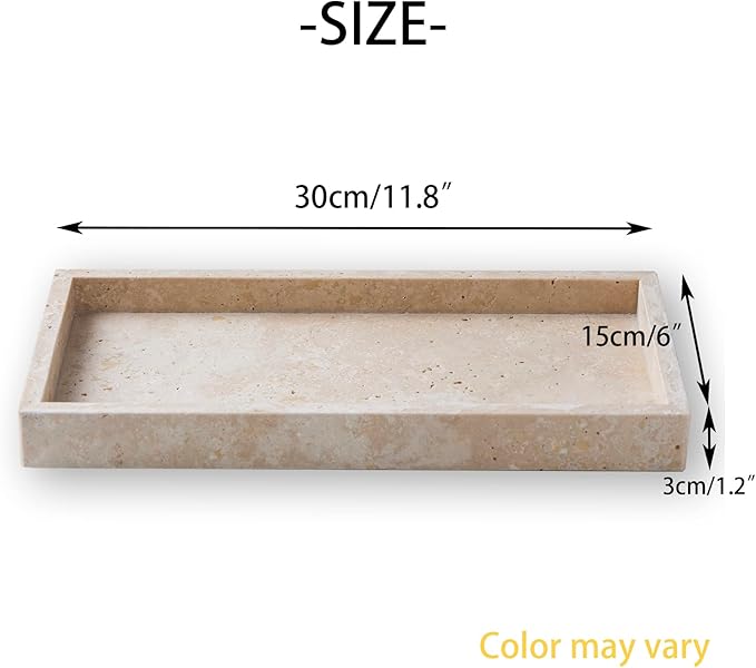 PHINILUX Italian 100% Marble Vanity Tray (12x6in), Counter Organizer for Bathroom, Kitchen, Dresser, Coffee Table, Serving & Decorative (Beige Travertine)