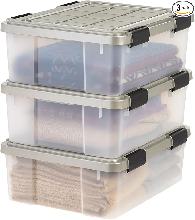 IRIS USA 27 Qt Storage Bins with Gasket Seal Lid, 3 Pack - BPA-Free, Heavy Duty Moving Containers Tight Latch, Weather Proof Tote, WEATHERPRO - Clear/Chrome