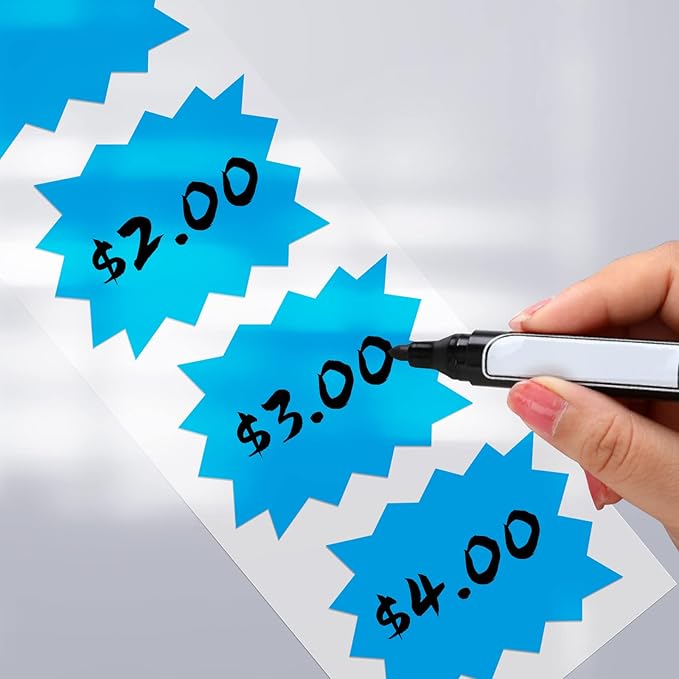 Price Tags Stickers Blue 4 x 3 Inches Self-Adhesive Large Sale Sticker Starburst Signs Removable Waterproof Labels for Retail Store Market Business 500 PCS