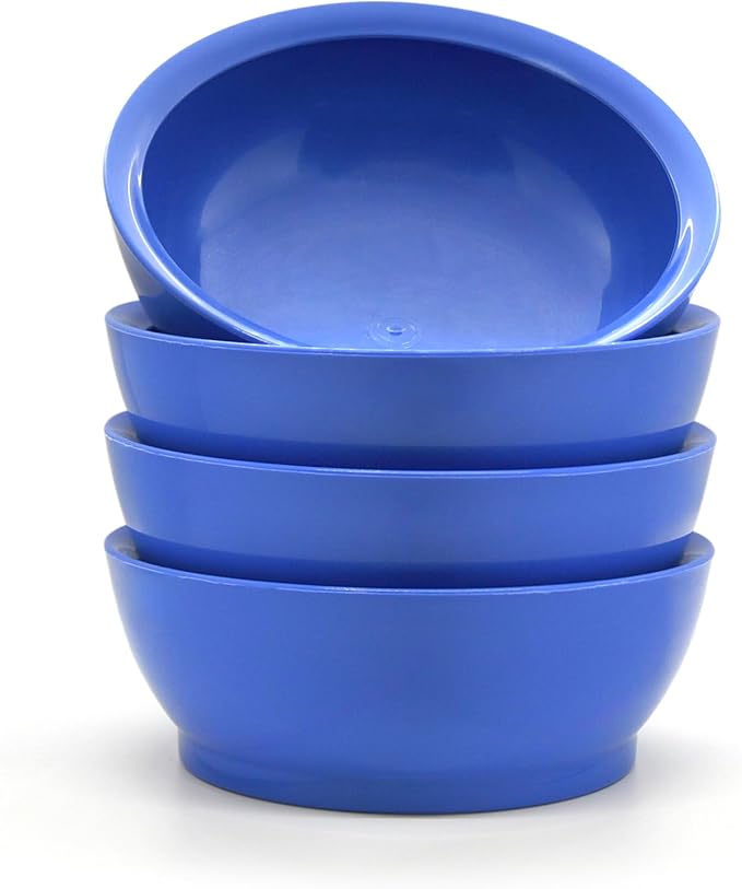 CaliBowl Large Non-Spill Plastic Bowl Set - 28oz Reusable Kitchen Bowls with Concave Inner Lip and Non-Slip Base - For Cereal, Soups, Mixing and Serving - Set of 4 - Ocean Blue