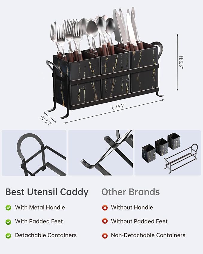 GaryVault Classic Farmhouse Kitchen Organizer - Exquisite Black Gold Marble Metal Silverware Caddy, 3 Spacious Compartments, Ideal for Cutlery, Cooking Tools & More