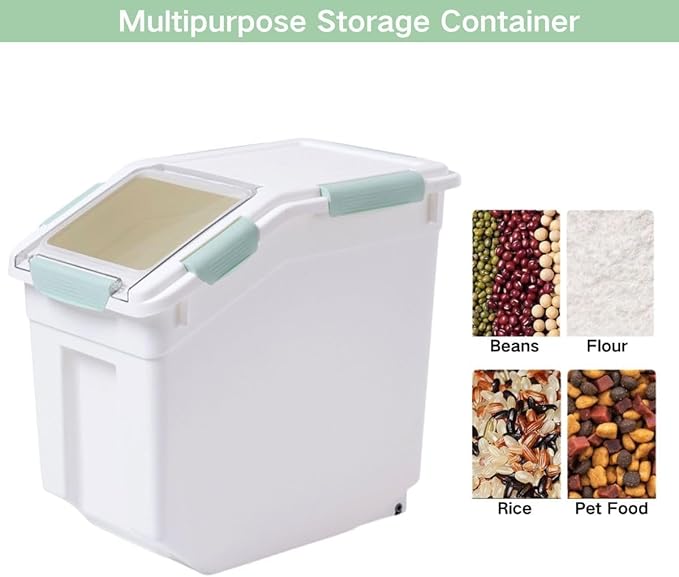 Large Flour Storage Container 25lb (2 Pack), Airtight Rice Containers with Lid, Wheels, Measuring Cup, Scoops, Grain and Sugar Dispenser, Pet Food Bin, for Kitchen Pantry Organization, Green
