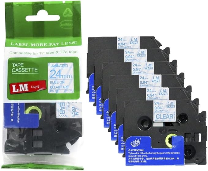 6/Pack LM Tapes - LMe-153 Premium 1" Blue Print on Clear Label Compatible with Brother TZe-153 P-Touch and Includes Tape Color/Size Guide. Replaces TZ153 24mm 0.94 Laminated